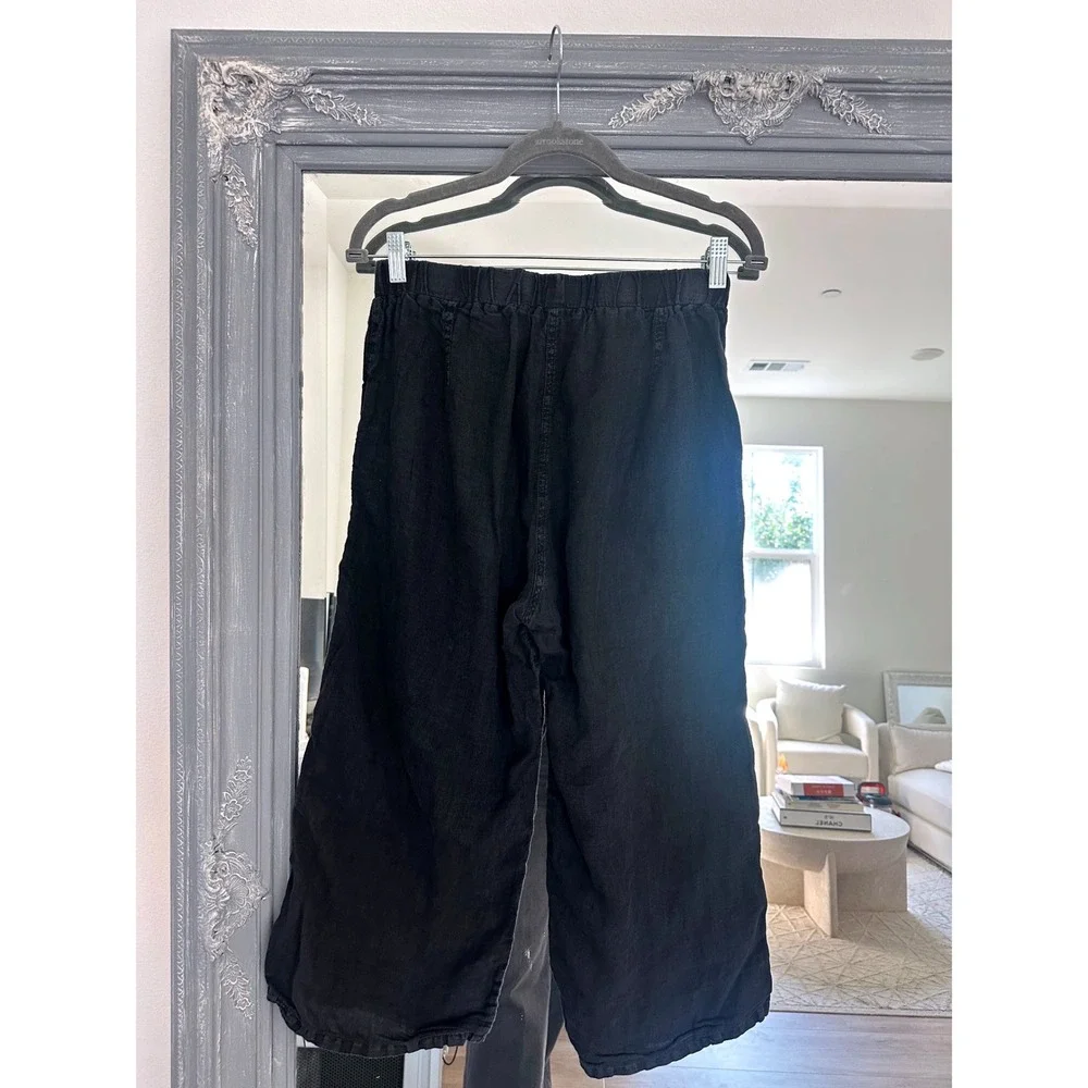 Cut Loose Black Solid Linen Easy Cropped Pants Wide Leg Side Pockets Lagenlook S
